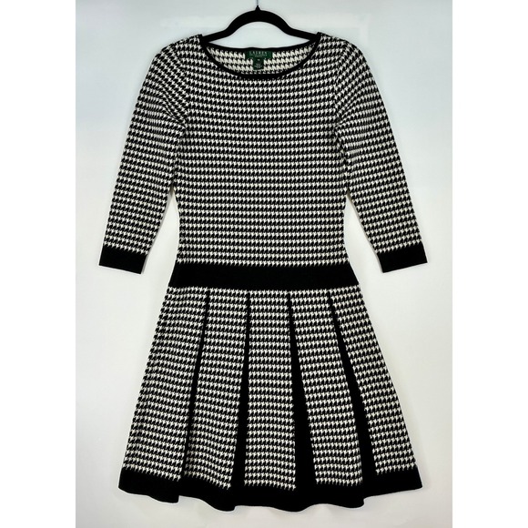 Lauren Ralph Lauren Dresses & Skirts - Ralph Lauren Sweater Dress XS Black White Houndstooth Pleated Knit Old Money
